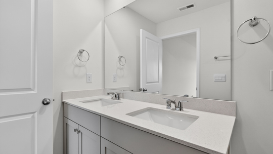 primary bathroom with walk in shower and dual vanity sinks