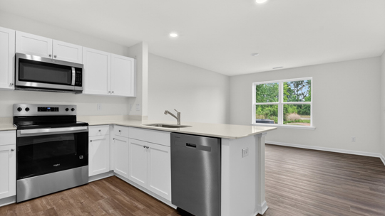 kitchen with quartz counters, kitchen peninsula, pantry, stainless steel appliances