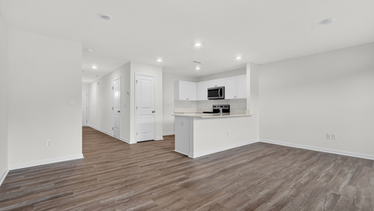 kitchen with quartz counters, kitchen peninsula, pantry, stainless steel appliances