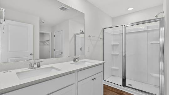 bathroom with quartz countertops and walkin glass door shower