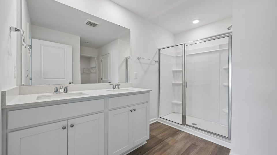 primary bathroom with walkin glass door shower