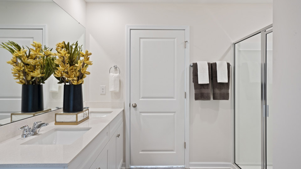 Primary bathroom with quartz counters