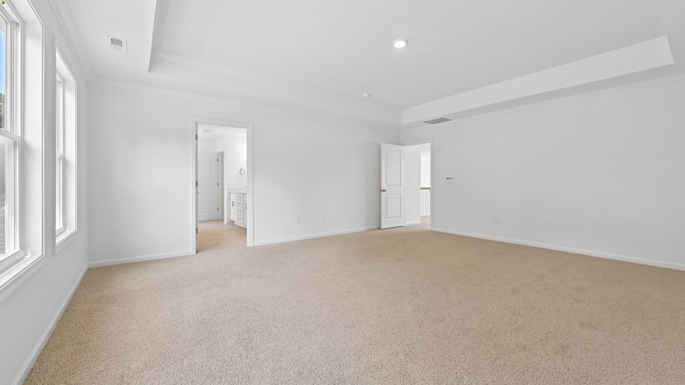 primary bedroom with carpet flooring and tray ceiling