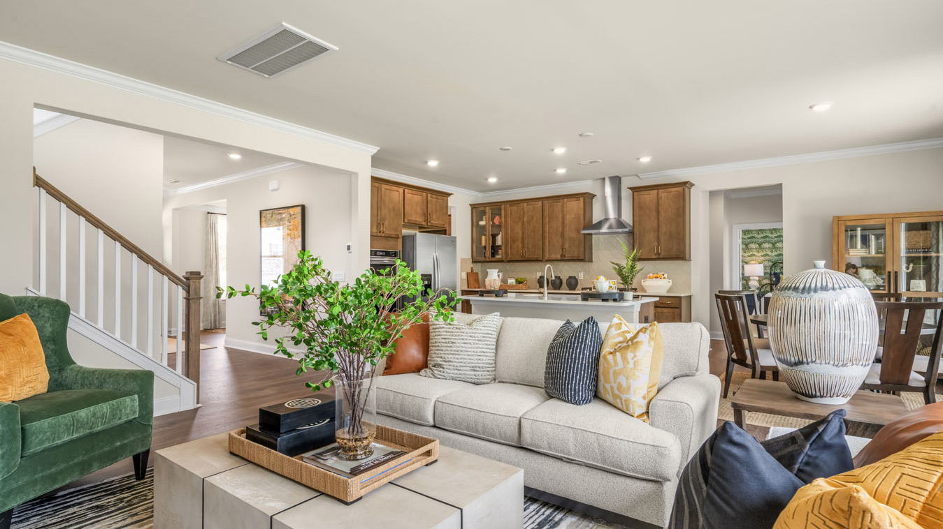 open concept living space with large windows
