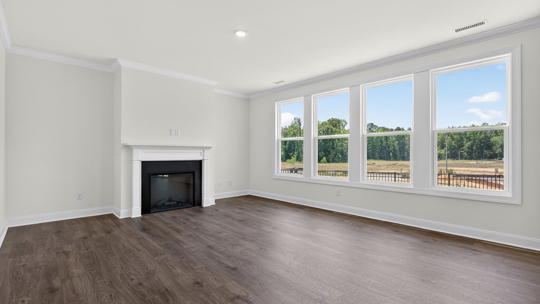 living room with fireplace and revwood flooring
