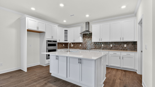 kitchen with spacious island quartz countertops and tile backsplash