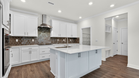 kitchen with spacious island quartz countertops and tile backsplash