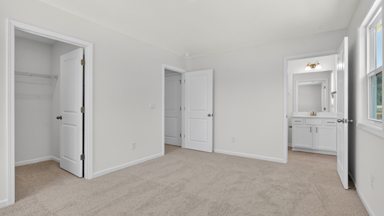 bedroom with carpet flooring and walkin closets