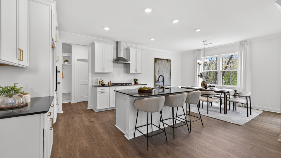 kitchen with quartz counters, kitchen island, pantry, stainless steel appliances