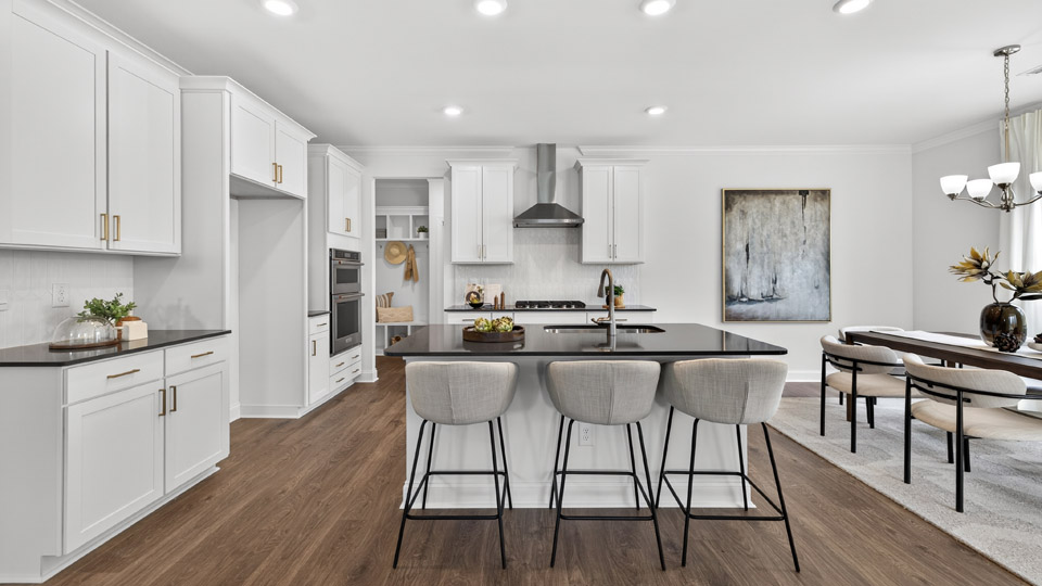 kitchen with quartz counters, kitchen island, pantry, stainless steel appliances