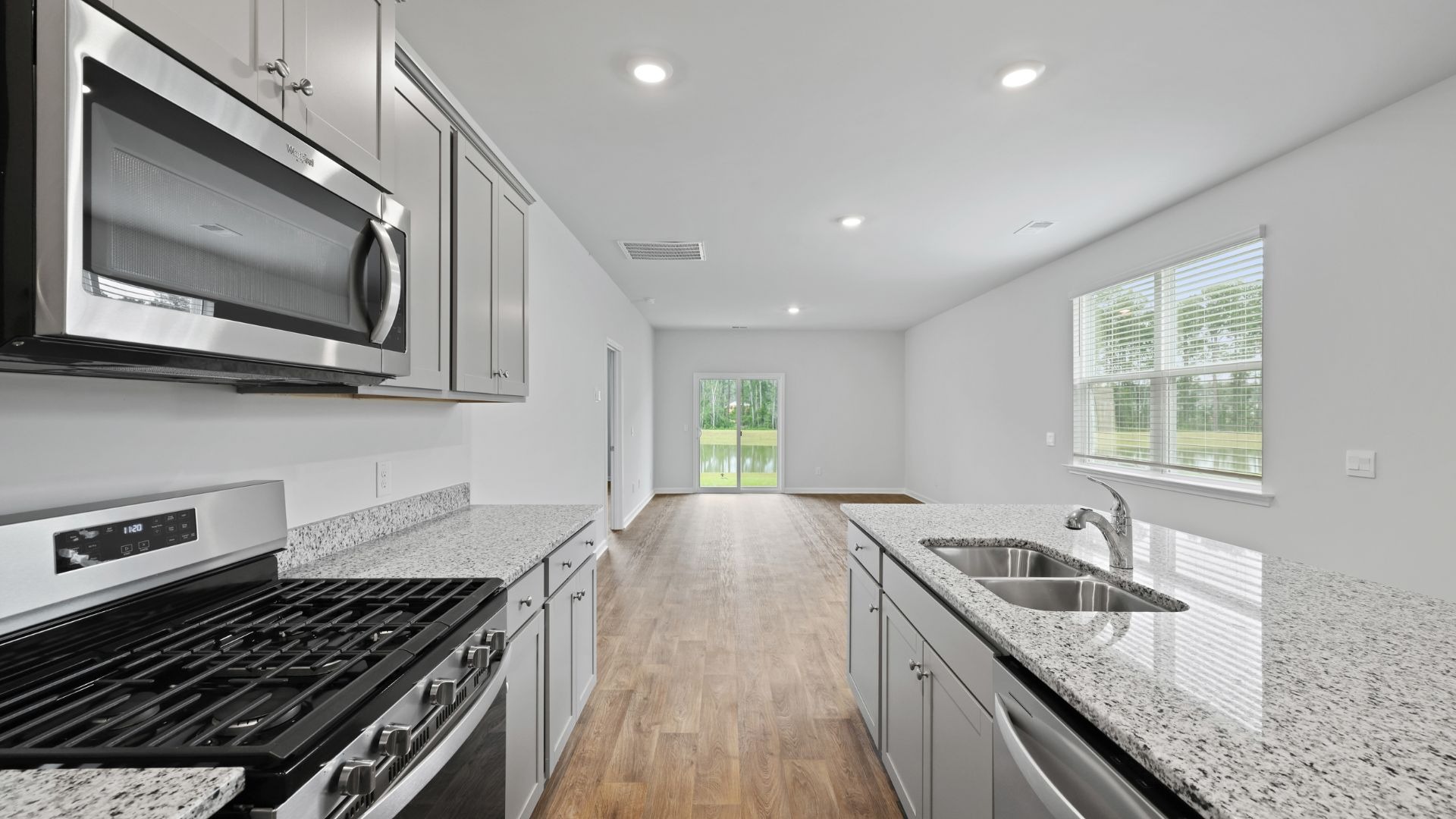 Kitchen and living spaces are open and inviting