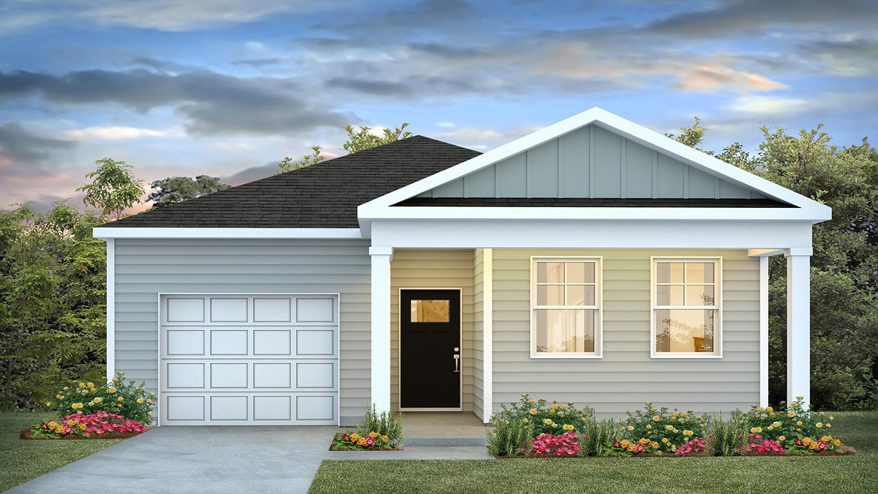 new home ranch style with front porch