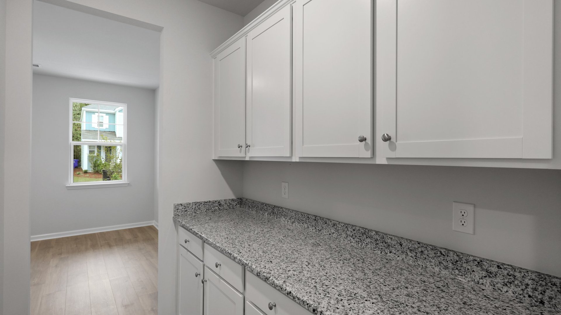 The pass-through to the dining room offers extra cabinet space as well as houses the pantry.