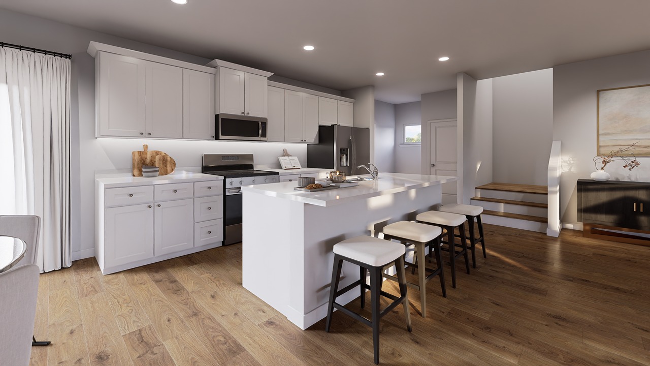 white cabinets open concept kitchen