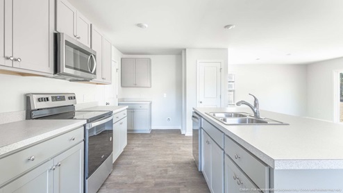Kitchen Open Concept Laminate Granite Appliances Natural Light New Construction Home is Connected Smart Home Technology Touchscreen