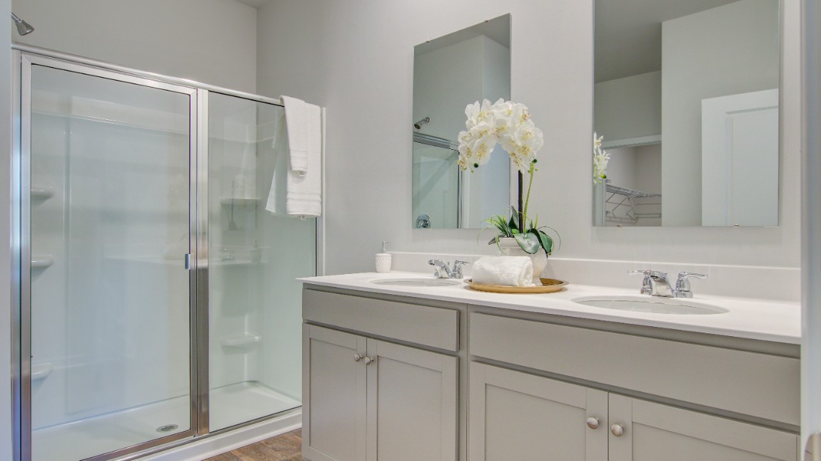 Double vanities and a standup walk-in shower in the primary bathroom.