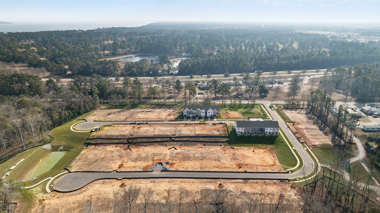 Aerial view of a townhome community