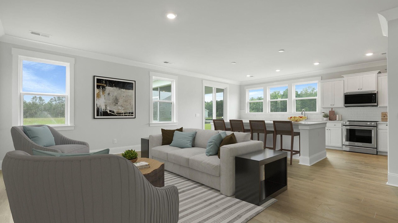 furnished open concerpt living room