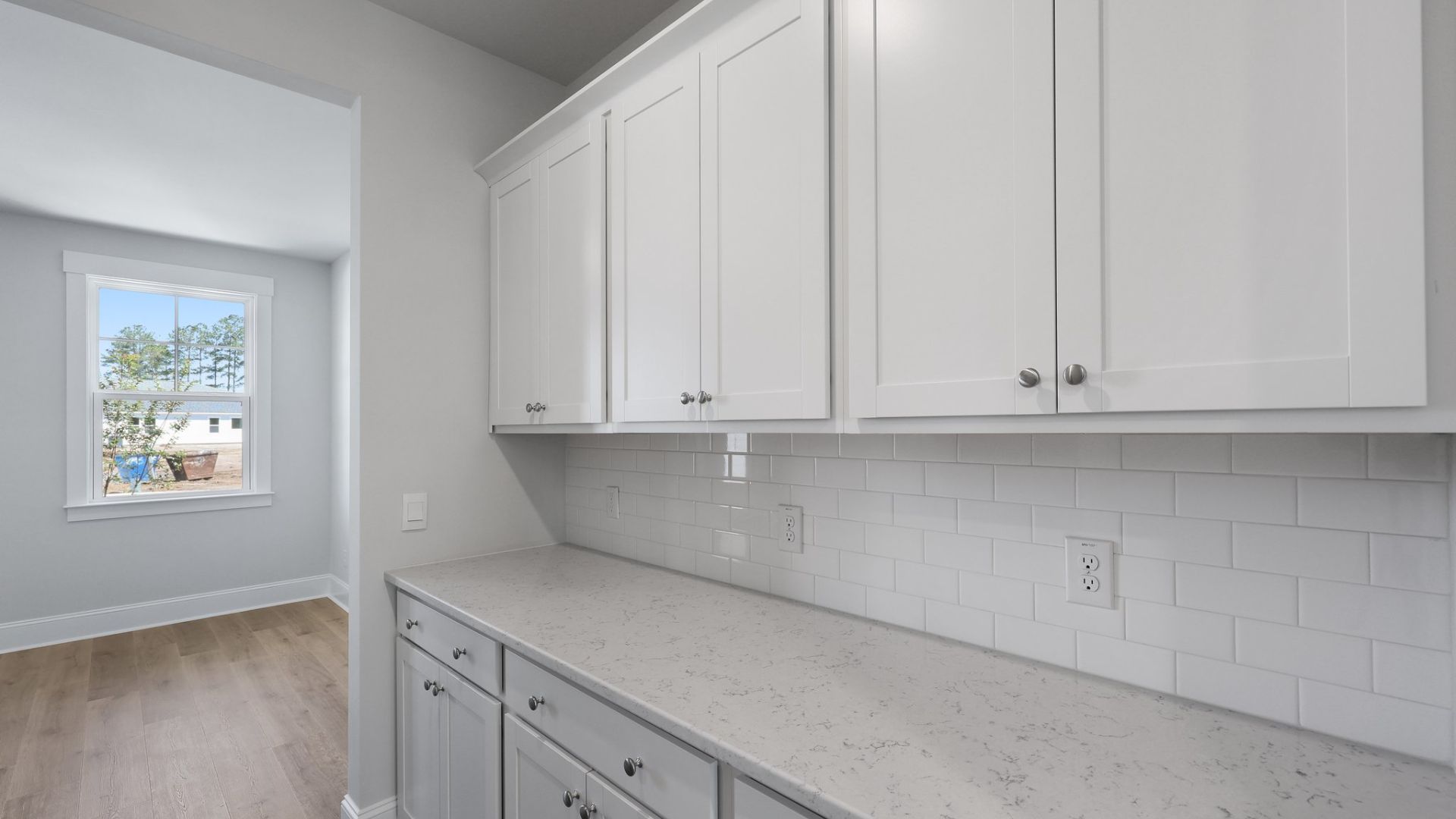 Extra counter space and storage space between the kitchen and flex space.