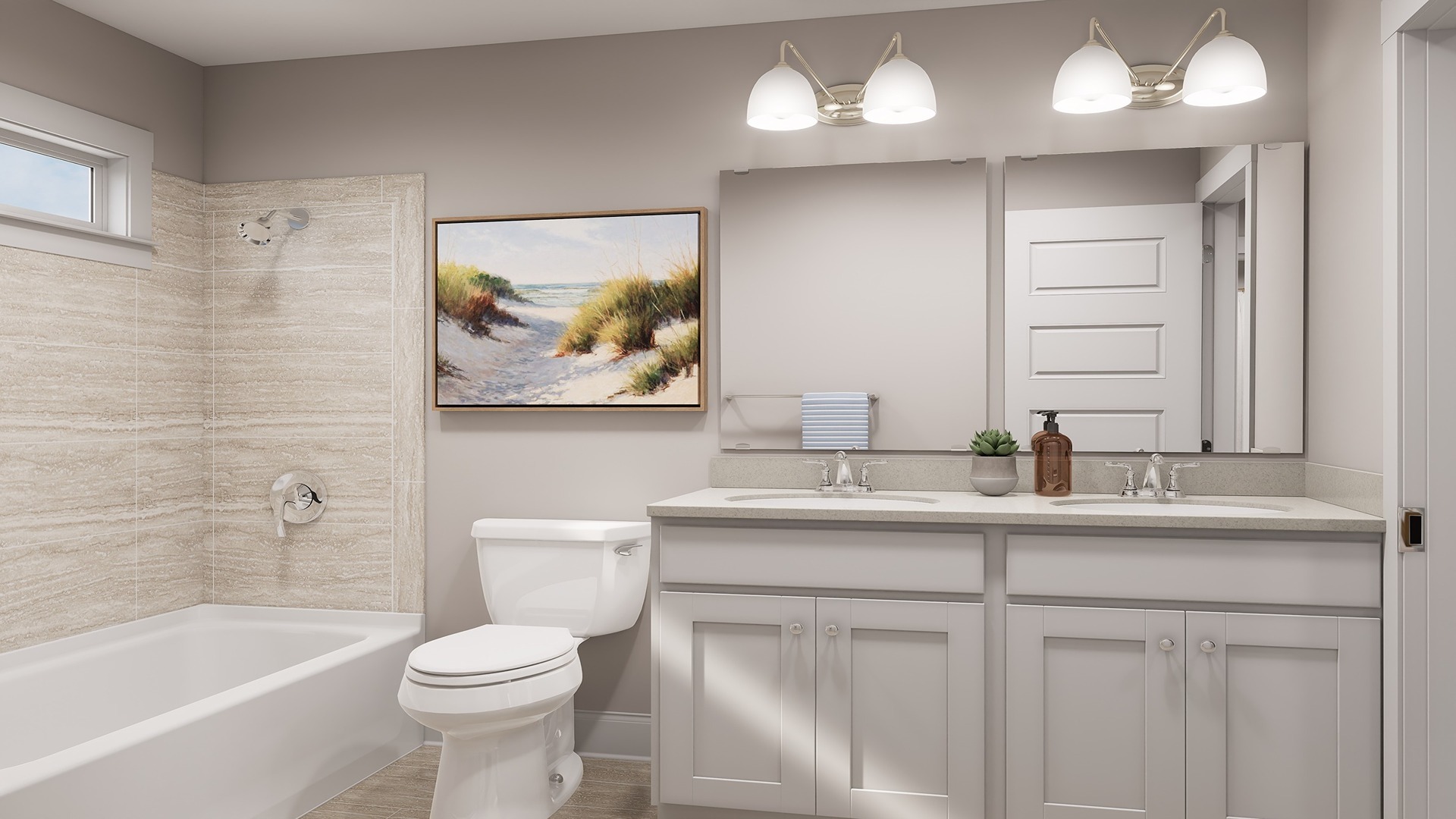 Bathroom two with double vanities and a tub-shower combo.