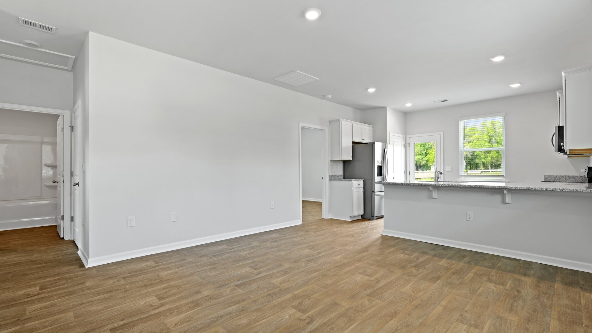 One story, two bedroom and two bathroom floorplan.