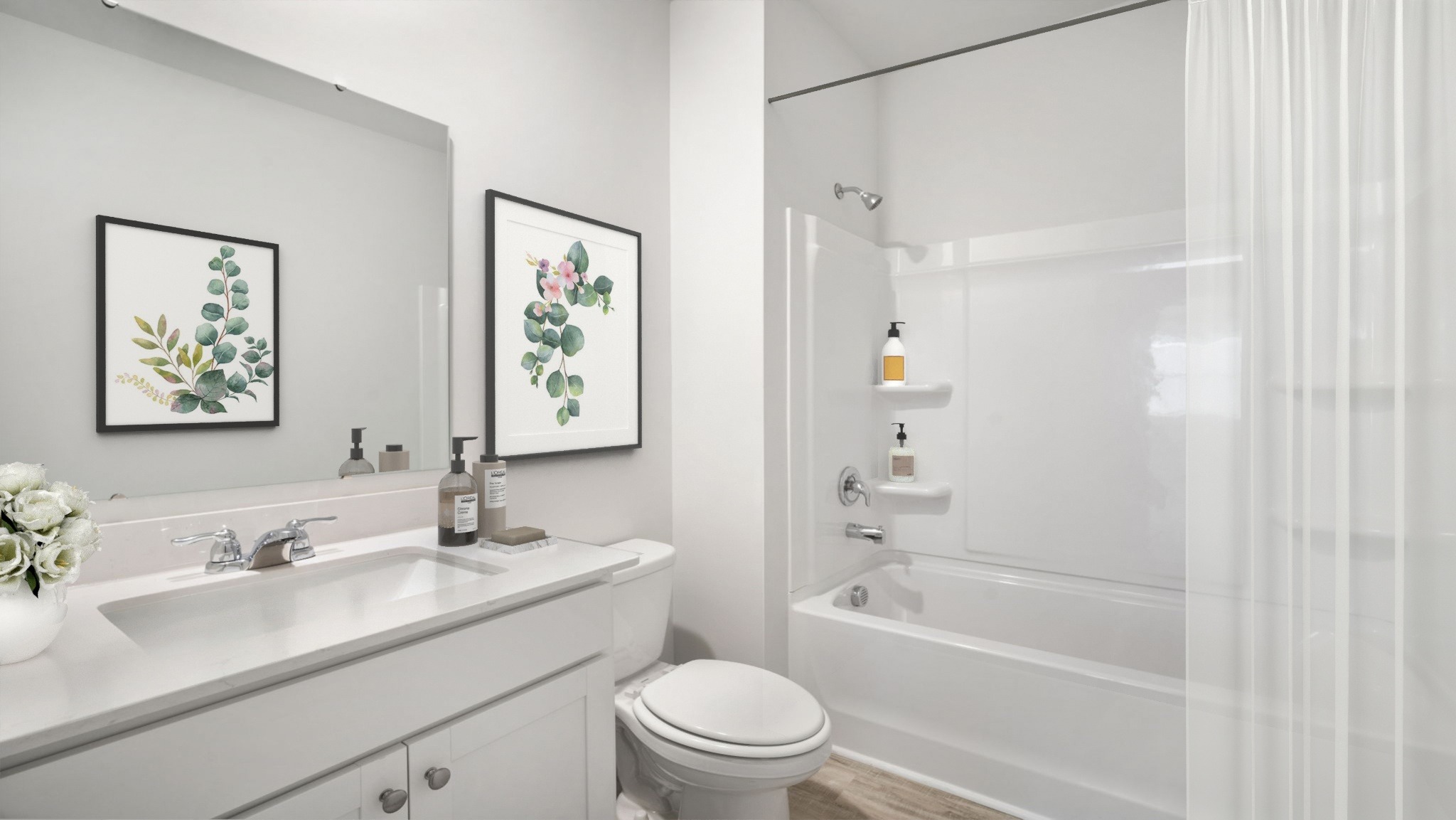 Second bathroom with a bathtub and tub surround, quarter counter vanity and vinyl wood flooring.
