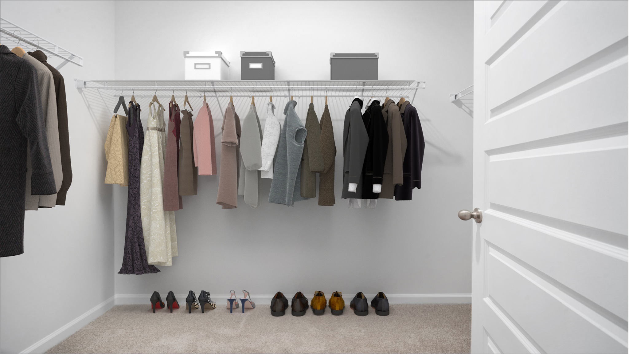 Primary walk-in closet with carpet flooring.