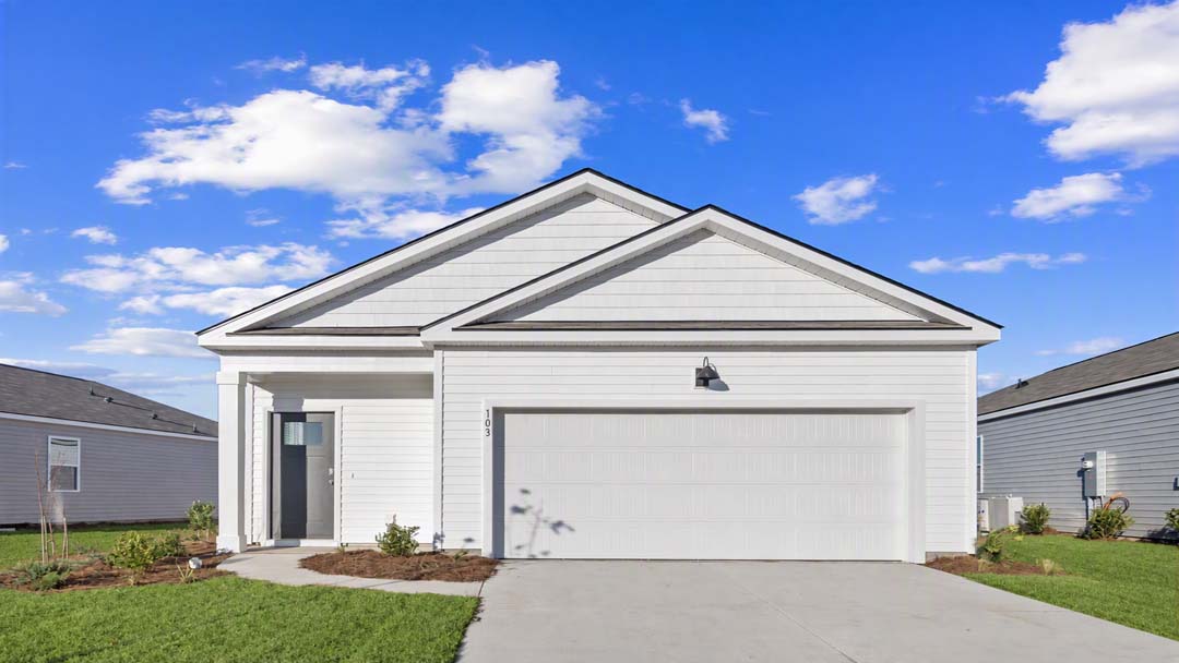 D.R. Horton Downing floorplan exterior featuring modern curb appeal, landscaped yard, and attached garage in a new construction community.
