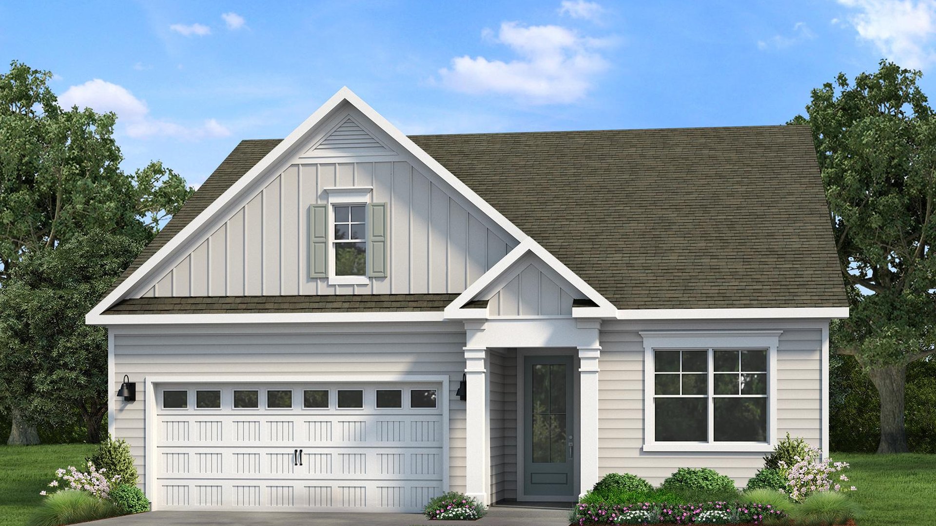 Front exterior of Aria E floor plan with a welcoming front porch, attached garage, and landscaped homesite at The Sanctuary at East Argent.