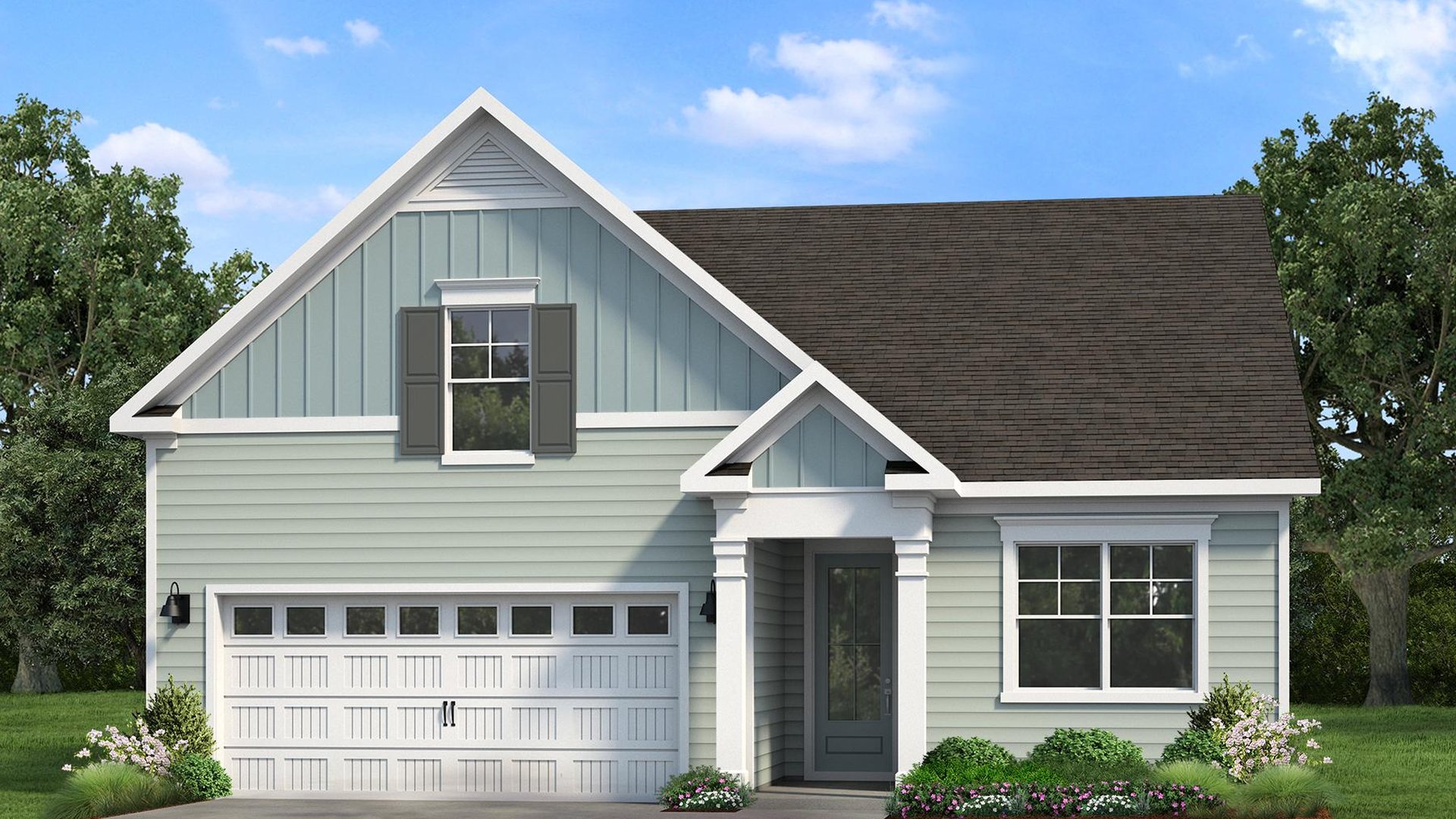Front exterior of the Aria E with Bonus The Sanctuary at East Argent, featuring a covered entry, attached two-car garage, and coastal-inspired design.