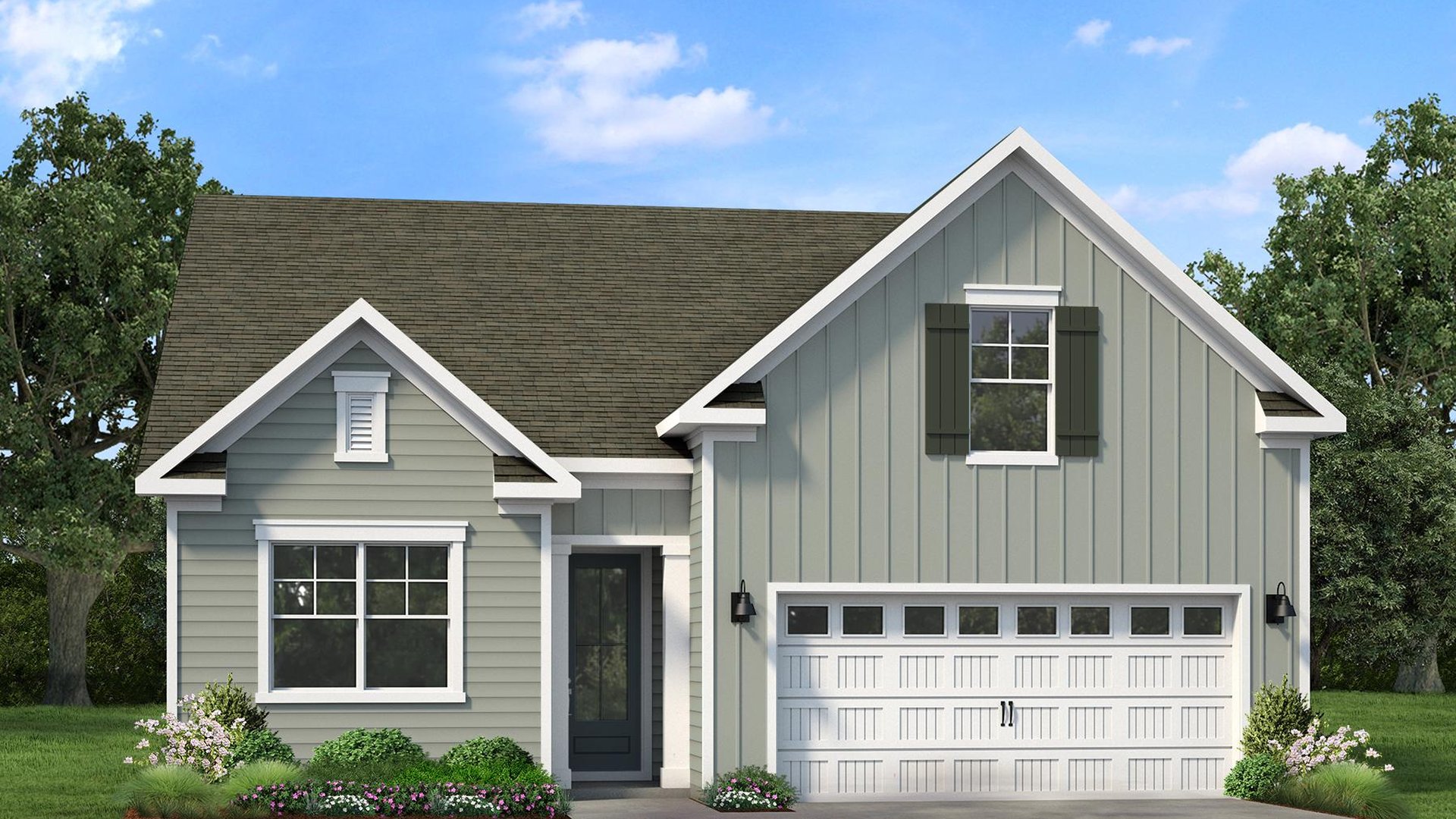 Front exterior of the Aria F home showcasing a bonus room elevation, attached two-car garage, and modern Lowcountry architectural details.