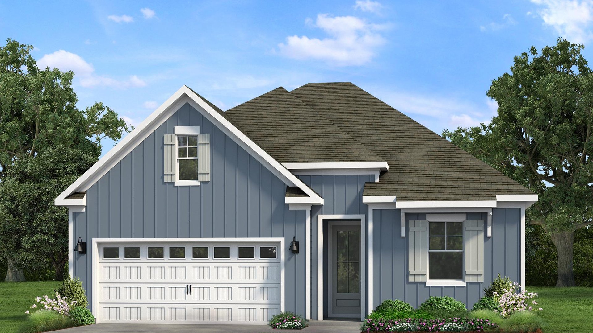 Front exterior of the Aria G floor plan featuring a coastal-inspired exterior, two-car garage, and inviting streetscape at The Sanctuary at East Argent.