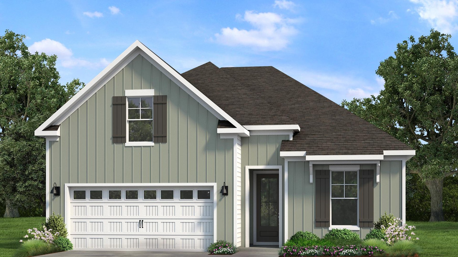 Front exterior of the Aria G home bonus room elevation, highlighted by a covered front porch, attached garage, and professionally landscaped yard.