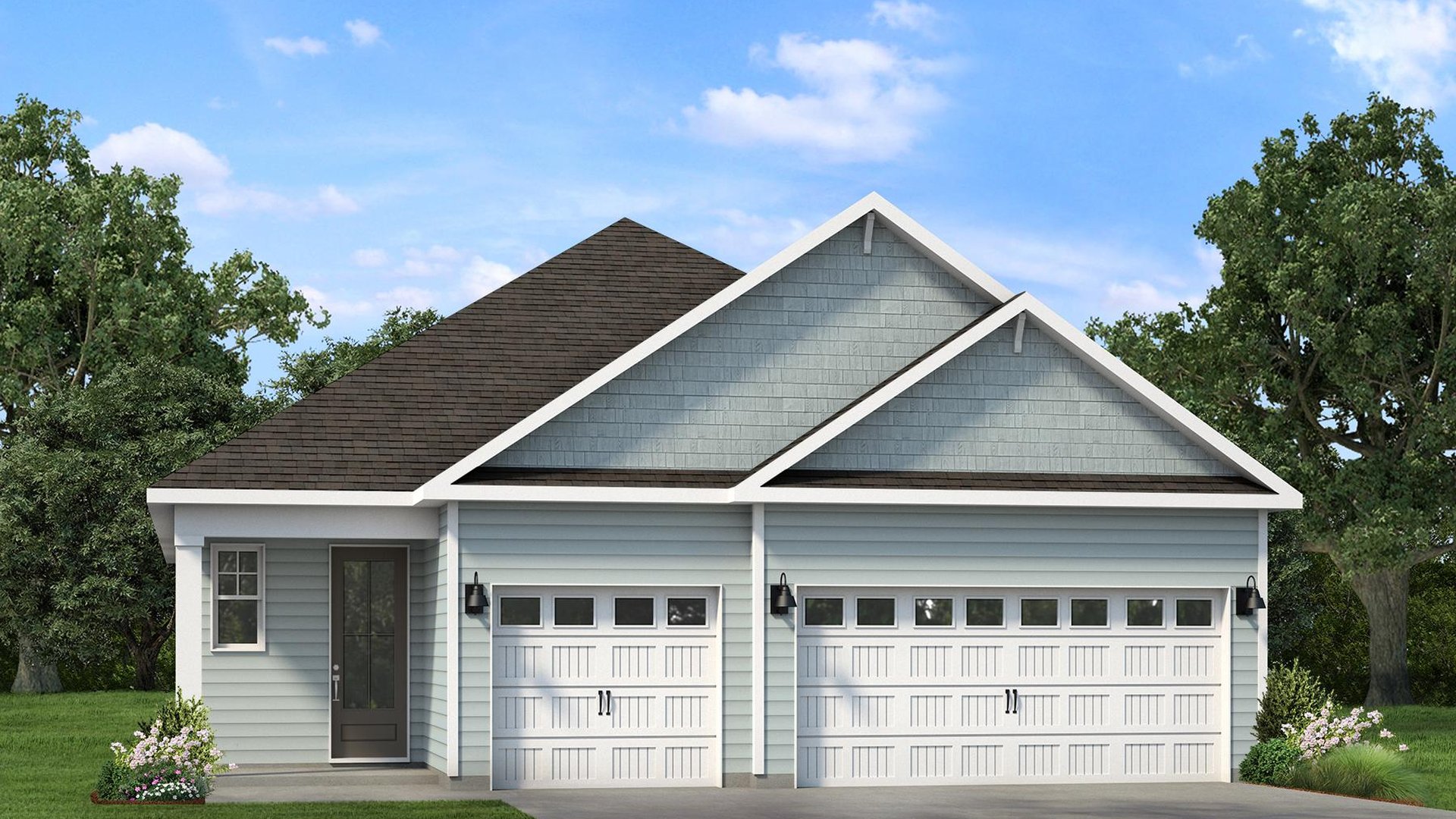 Lily B floor plan featuring a covered entry, two-car garage, and charming Lowcountry-inspired architecture at The Sanctuary at East Argent in Ridgeland, SC.