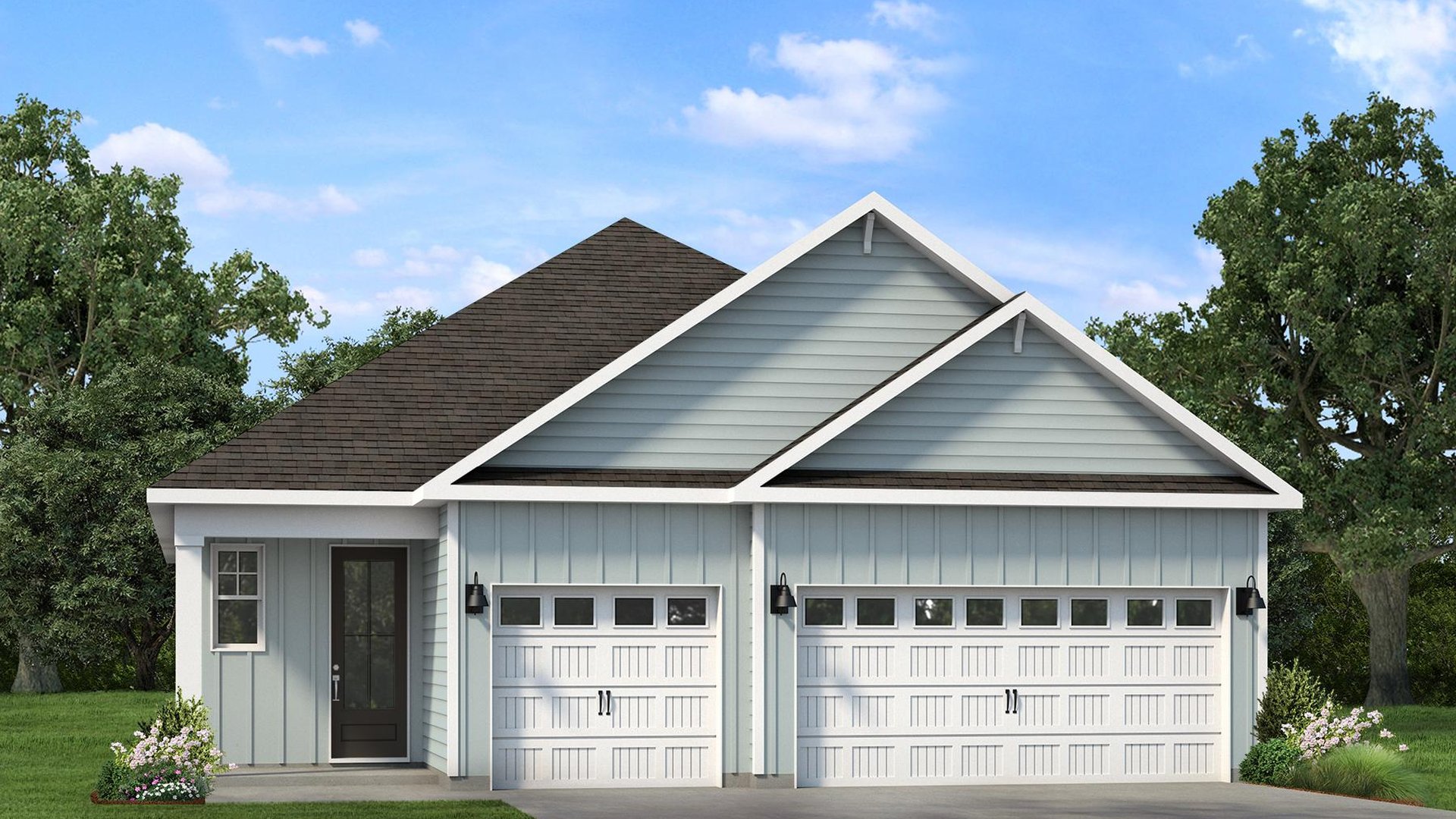 Lily D floor plan featuring a covered porch, two-car garage, and professionally landscaped homesite at The Sanctuary at East Argent in Ridgeland, SC.