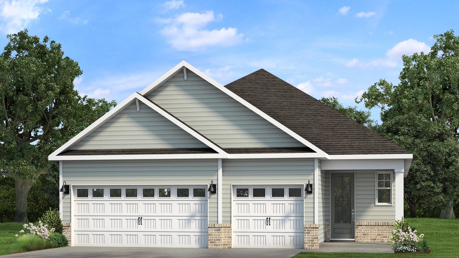 Lily E floor plan showcasing a modern Lowcountry exterior, covered entry, and spacious two-car garage at The Sanctuary at East Argent in Ridgeland, SC.