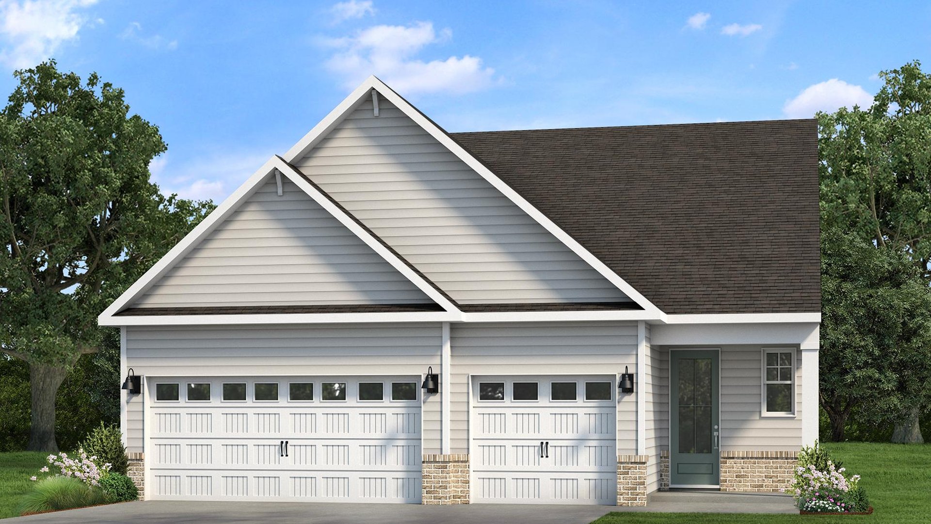 Lily E 2-Story floor plan with a prominent front gable, attached two-car garage, and classic neighborhood streetscape at The Sanctuary at East Argent in Ridgeland, SC.