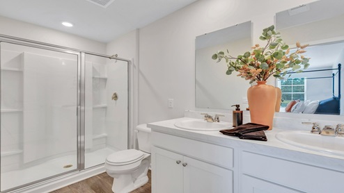 primary bathroom with double sinks and walk in shower