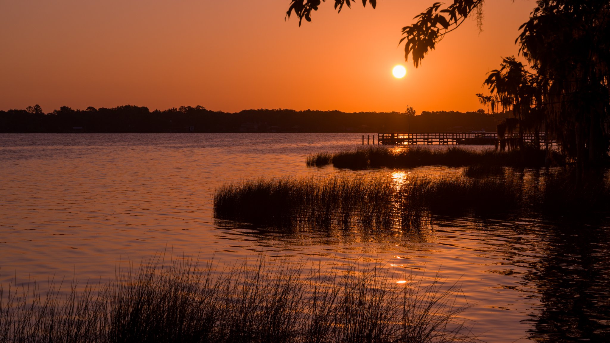 Sunset over a peaceful coastal marsh near Cypress Landing in Hardeeville, South Carolina, with golden reflections across the water and natural Lowcountry scenery