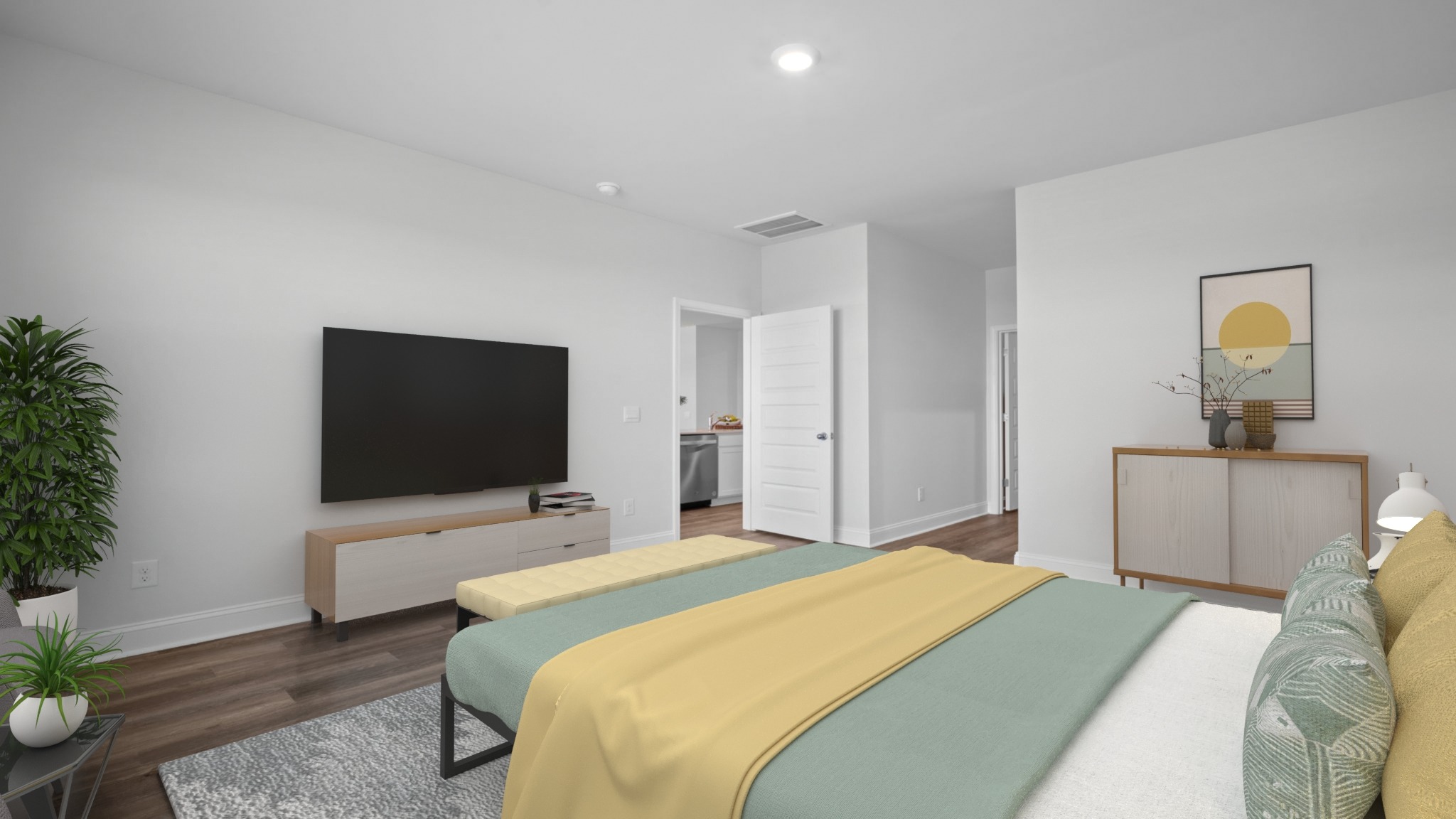 Bedroom with a window and brown flooring.