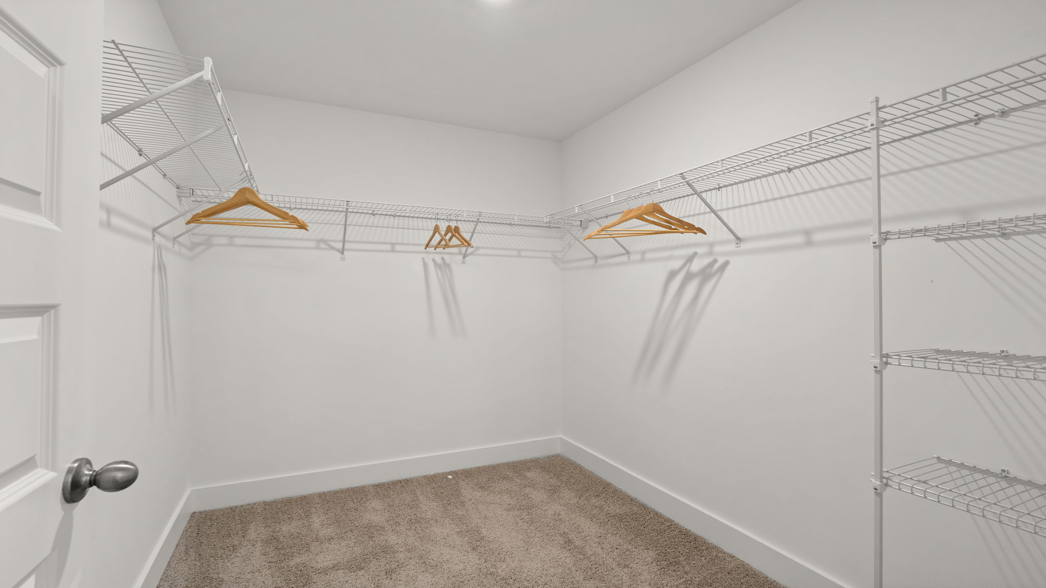 Walk-in closet with built-in wire shelving and neutral carpet.