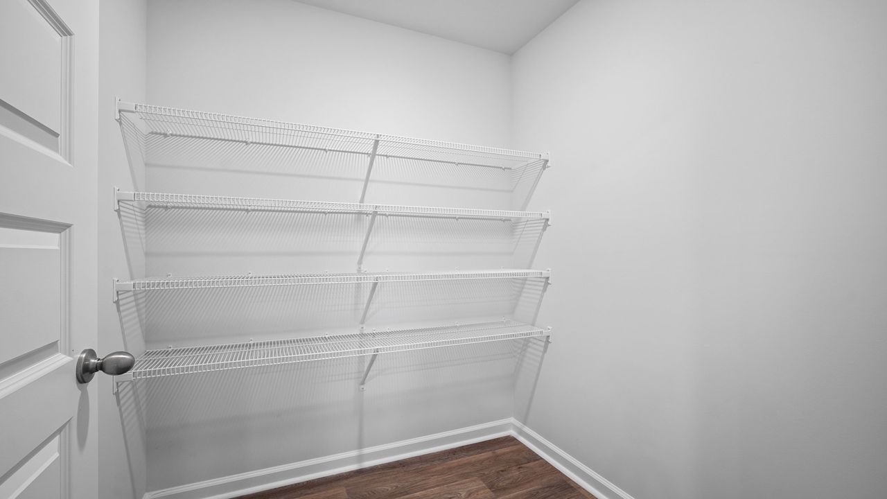 Walk-in pantry with shelving for storage.
