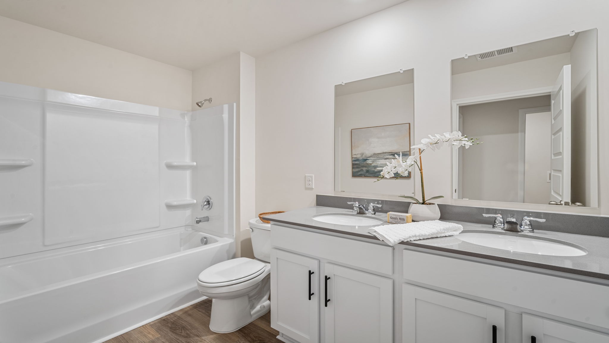 Secondary bathroom in the Belhaven floorplan by D.R. Horton featuring a spacious vanity, modern fixtures, bright lighting, and stylish finishes.