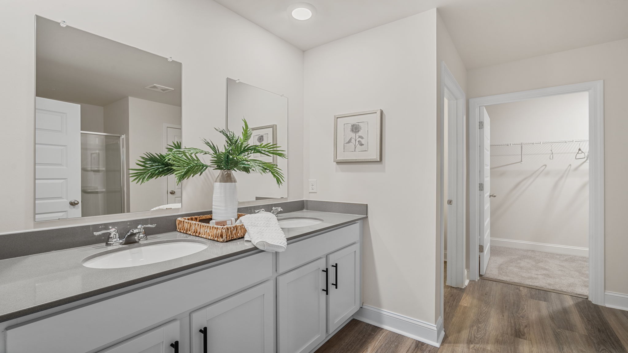 Spa-inspired primary bathroom in the Belhaven floorplan by D.R. Horton featuring dual vanities, a walk-in shower, modern fixtures, and ample storage space.