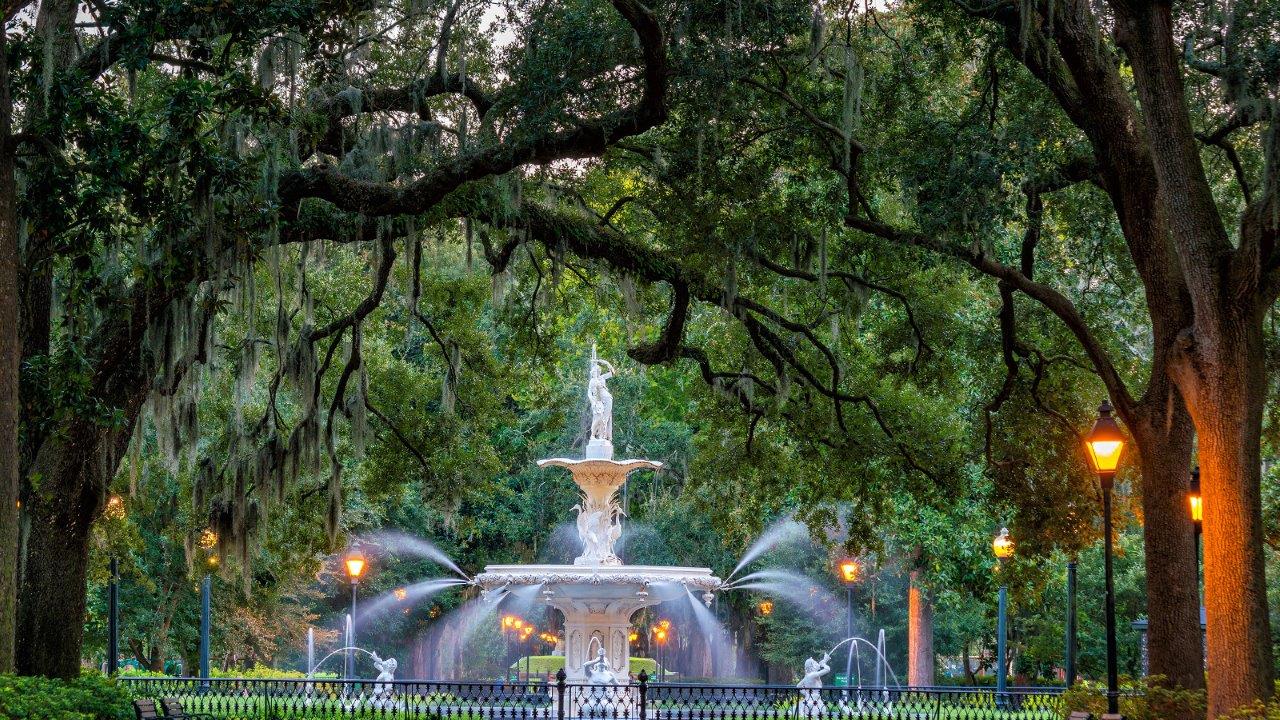 Downtown Savannah fountain in beautiful city park