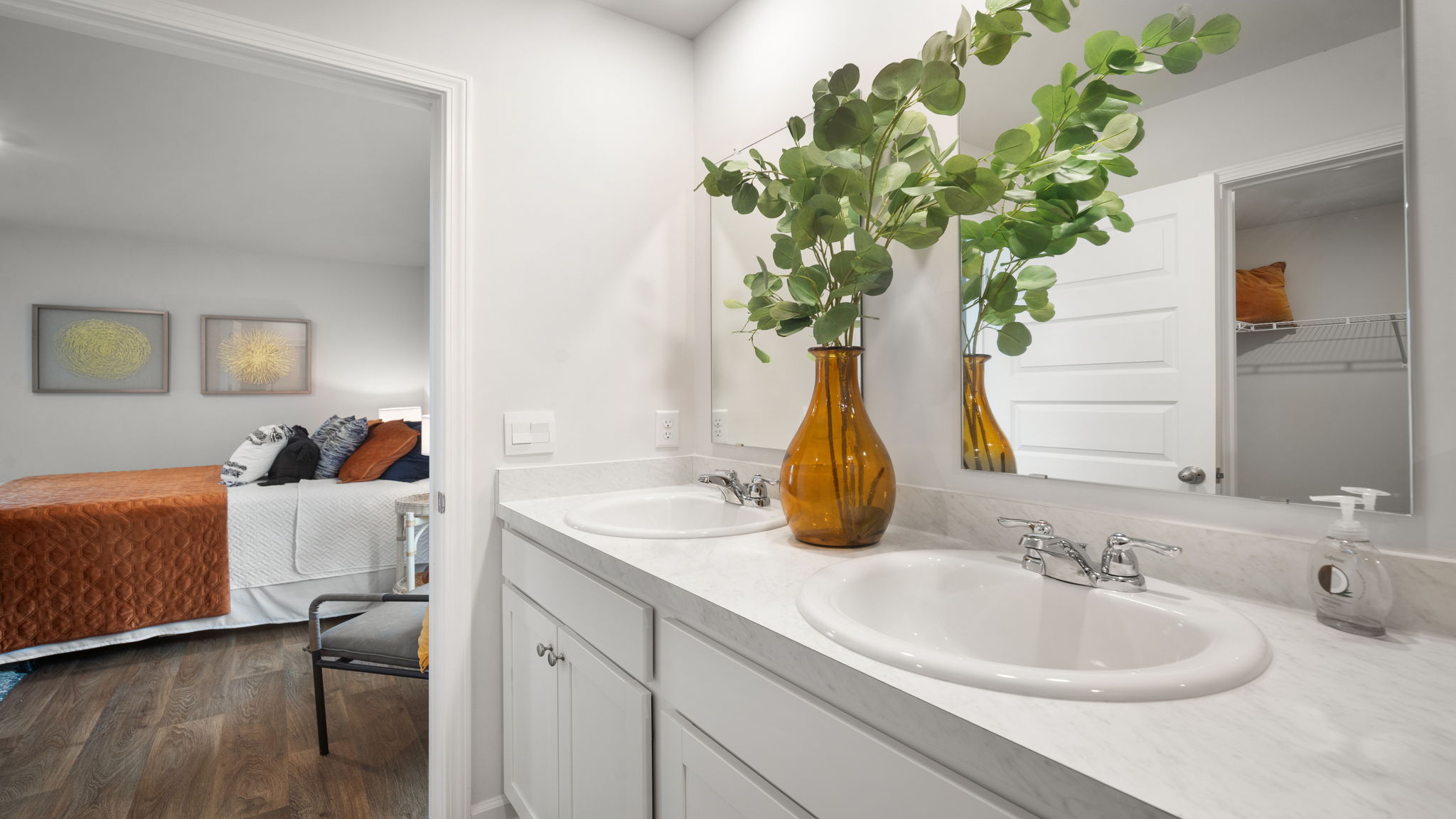 Primary bathroom view from inside the room