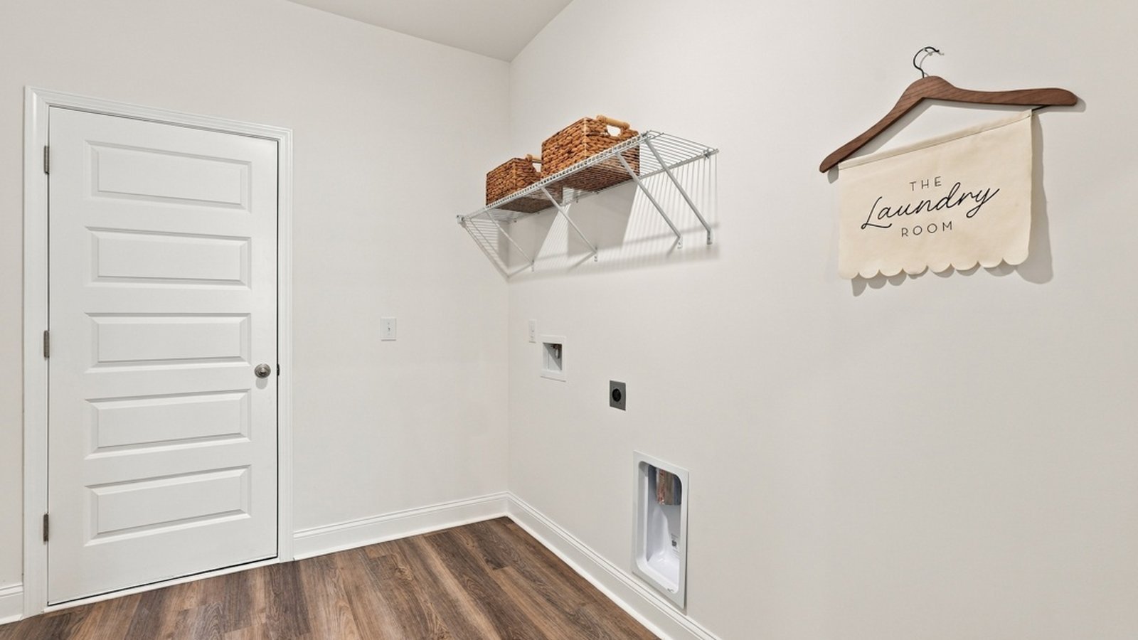 Dedicated laundry room with convenient workspace and additional storage potential.