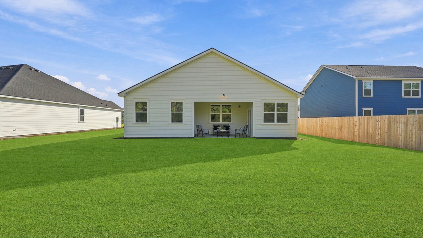 Spacious backyard and rear exterior of the Aberdeen E new construction home with room for outdoor activities.