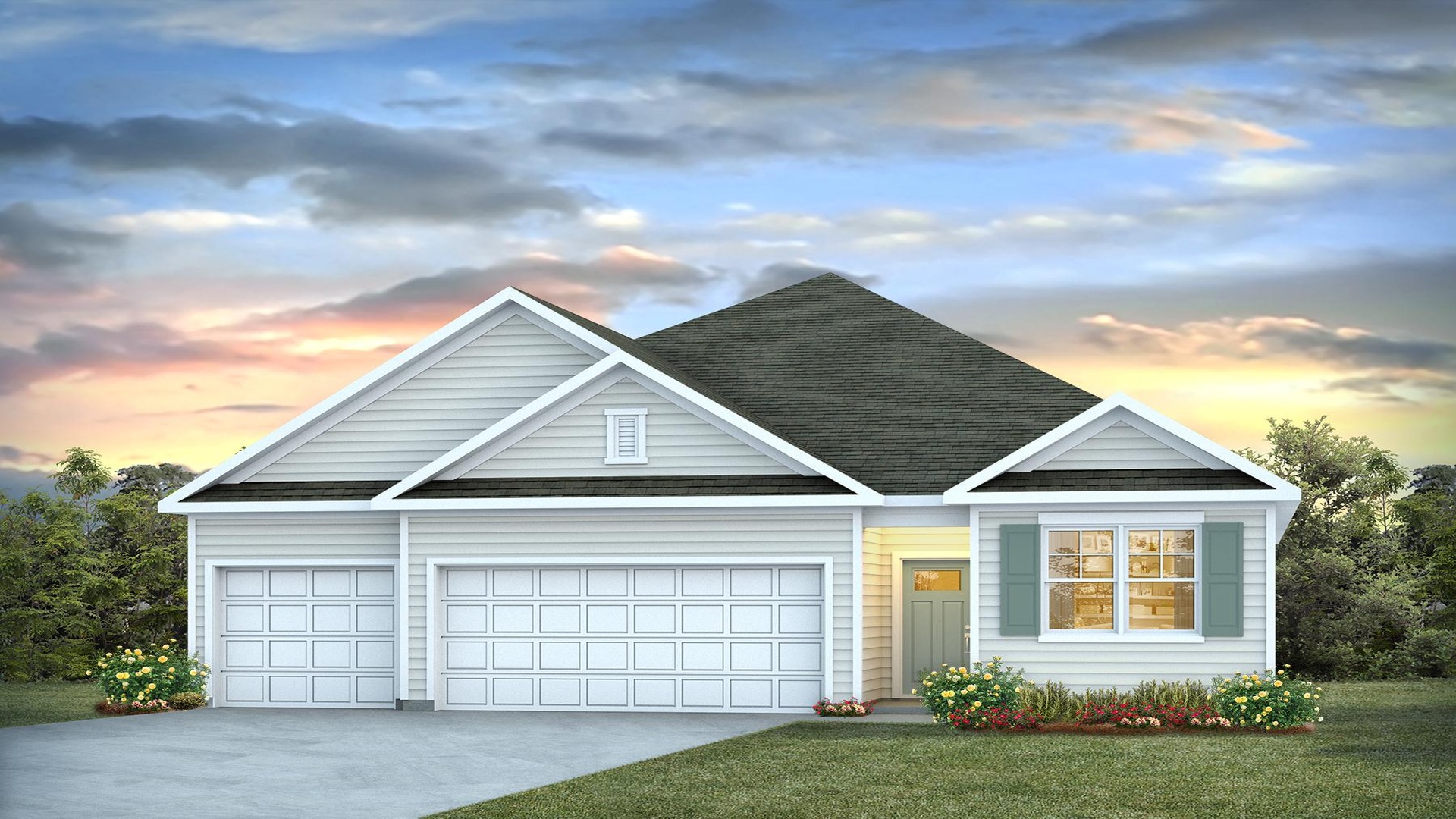 Martin floor plan exterior featuring classic Lowcountry architecture, attractive curb appeal, and a spacious two-car garage.