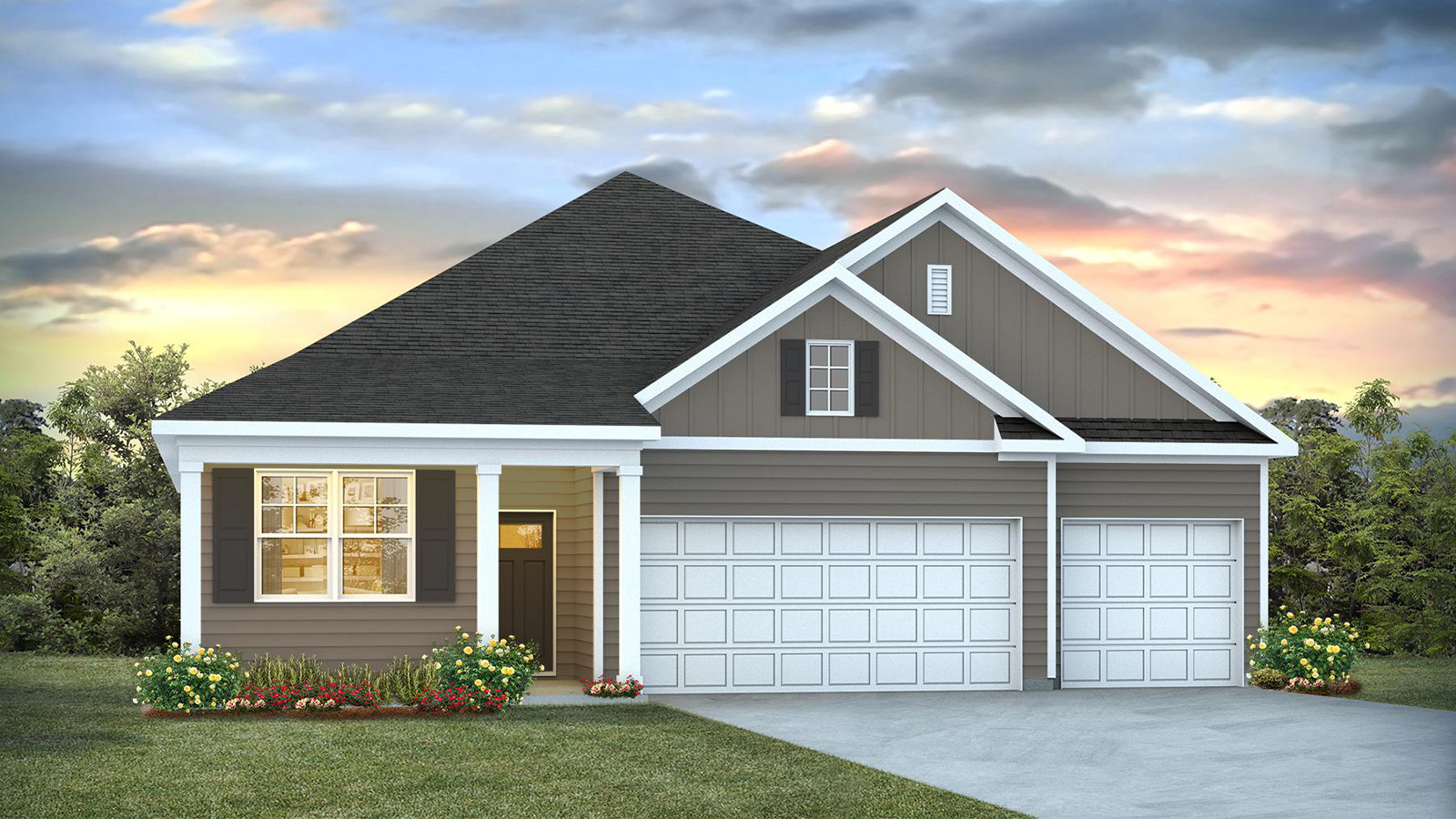 Front exterior of the Martin floor plan by D.R. Horton showcasing a spacious three-car garage, attractive architectural details, and welcoming entryway.